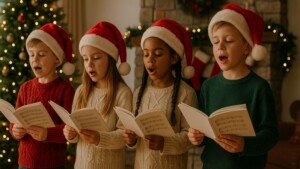Kinder singen Weihnachtslieder in der Adventszeit vor dem Weihnachtsbaum