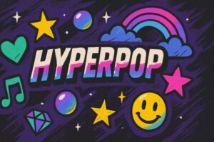 Hyperpop Genre Visual mit Neonfarben, Glitch-Effekten und moderner Pop-Ästhetik