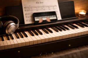 Klavier mit Notenblatt von Fix You und Smartphone-Pianotutorial auf dem Notenständer