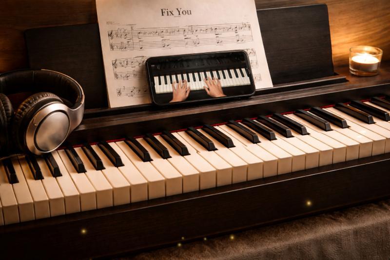 Klavier mit Notenblatt von Fix You und Smartphone-Pianotutorial auf dem Notenständer