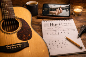 Akustikgitarre mit Gitarrrennoten von Hurt, Notizblock, Smartphone-Gitarrentutorial und Kaffee auf Holztisch