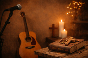 Akustische Gitarre und Mikrofon neben einer Bibel mit Holzkreuz und Kerzen in warmer Lichtstimmung – Symbolbild für christliche Popmusik (CCM).
