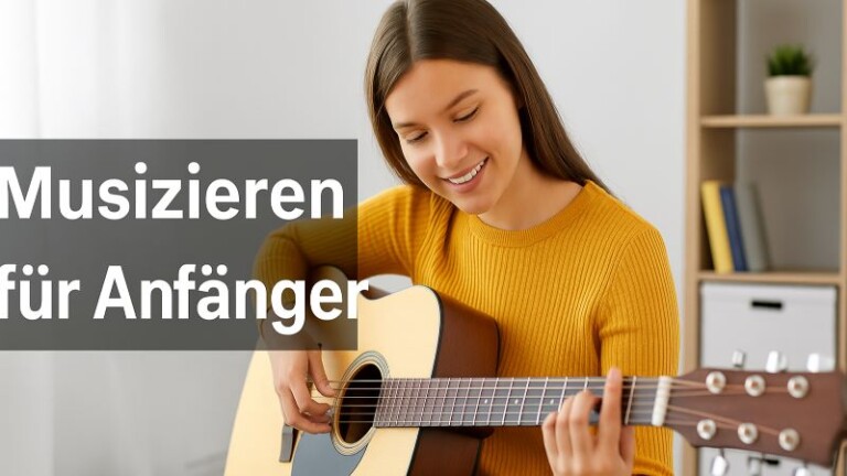 Musizieren für Anfänger – junge Frau lernt Gitarre spielen zu Hause