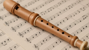 Holz-Blockflöte liegt auf Notenpapier