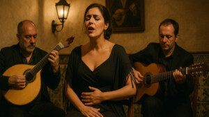 Fado-Sängerin mit Fado-Ensemble