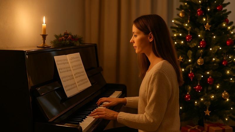 Frau spielt Weihnachtslieder am Klavier neben geschmücktem Weihnachtsbaum