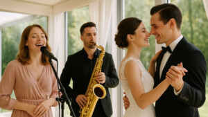 Live-Musiker spielen auf einer Hochzeit – Sängerin, Gitarrist und Saxophonist sorgen für emotionale Hochzeitsmusik