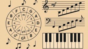 Illustration von Quintenzirkel, Noten und Klaviatur, Musiktheorie Grundlagen: Quintenzirkel, Noten und Klaviatur für Anfänger erklärt