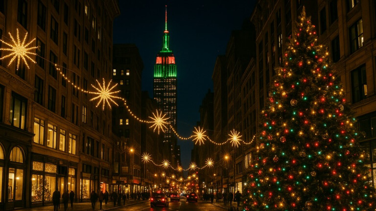 New York City mit Weihnachtsbeleuchtung bei Nacht – festlich geschmückte Straße mit Weihnachtsbaum und Lichtern