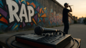 Rapper mit Beatbox und Graffiti im Hintergrund
