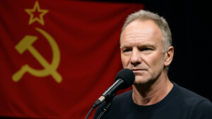 Sting vor Fahne der Sowjetunion (KI-generiert)