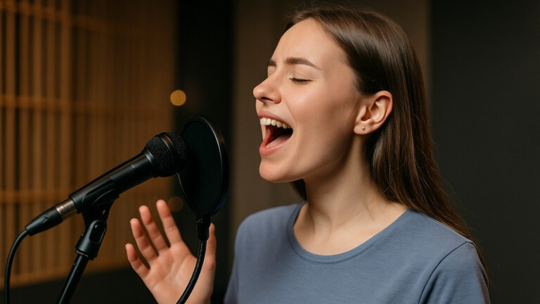Sängerin macht Stimm-Warm-up am Mikrofon – Gesangsübungen für klaren Klang