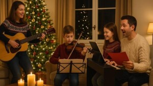 Weihnachtskonzert zu Hause mit Familie – Kinder und Eltern musizieren gemeinsam im Wohnzimmer