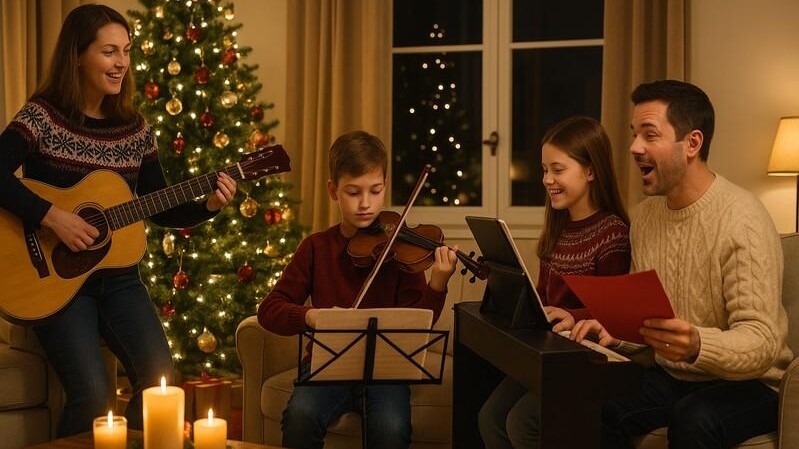 Weihnachtskonzert zu Hause mit Familie – Kinder und Eltern musizieren gemeinsam im Wohnzimmer