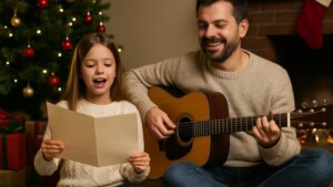 Vater und Kind spielen Weihnachtslieder auf der Gitarre vor dem Weihnachtsbaum – gemeinsame Weihnachtsbegleitung für Familie