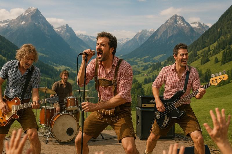 Rocker in Lederhosen vor einem Alpenpanorama