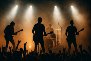Alternative-Rock-Band live auf der Bühne bei einem Konzert, Gitarren, Schlagzeug und jubelndes Publikum im Gegenlicht.