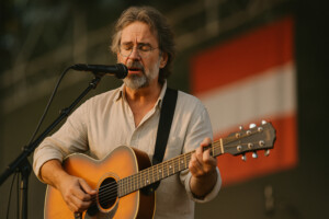 Sänger spielt Akustikgitarre bei Austropop-Konzert mit österreichischer Flagge im Hintergrund