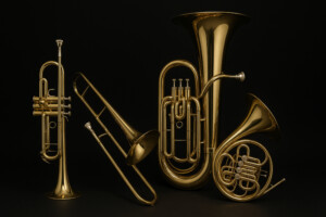 Blechblasinstrumente Keyvisual mit Tuba, Posaune, Trompete und Horn