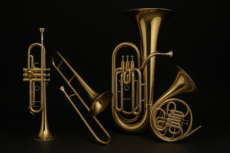Blechblasinstrumente Keyvisual mit Tuba, Posaune, Trompete und Horn