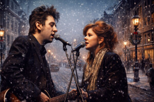 The Pogues mit Kirsty MacColl im verschneiten New York (KI-generiert)