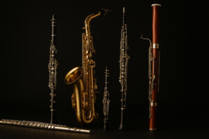 Holzblasinstrumente – Flöte, Klarinette, Oboe, Saxophon und Fagott auf dunklem Hintergrund
