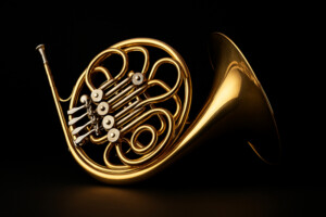 Französisches Horn (Waldhorn) aus Messing, Studioaufnahme auf dunklem Hintergrund