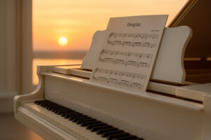 Weißer Flügel vor dem Sonnenuntergang mit den Noten von Imagine