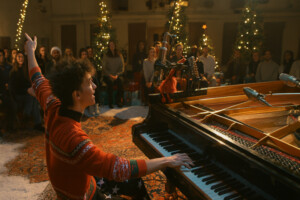 Jakob Collier am Klavier in weihnachtlicher Stimmung (KI-generiert)
