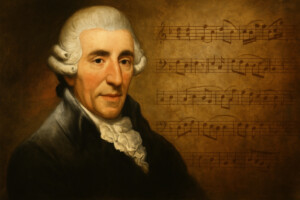Historisch inspiriertes Porträt von Joseph Haydn mit Notenblatt im Hintergrund – klassischer Komponist der Wiener Klassik