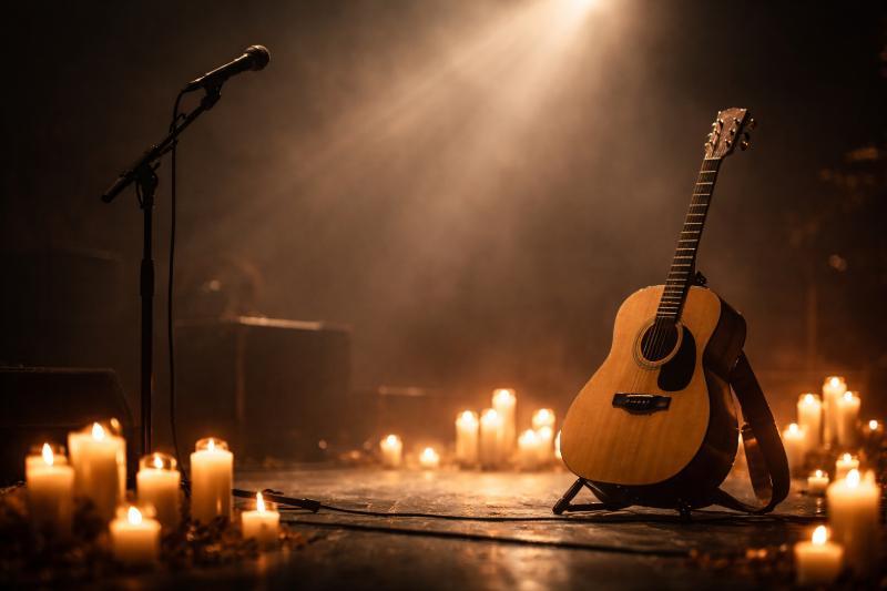 Gitarre und Mikrofon auf leerer Bühne mit Kerzenlicht als stilles Gedenken – die Musikwelt trauert um Malte Pittner.