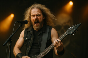 Heavy-Metal-Gitarrist bei energiegeladener Live-Performance auf der Bühne