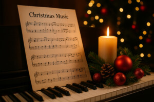 Musik verbindet an Weihnachten - Keyvisual mit Klavier, Noten und Weihnachtsschmuck