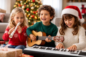 Kinder spielen Gitarre, Keyboard und Blockflöte vor dem Weihnachtsbaum – erstes Musikinstrument für Kinder als Weihnachtsgeschenk