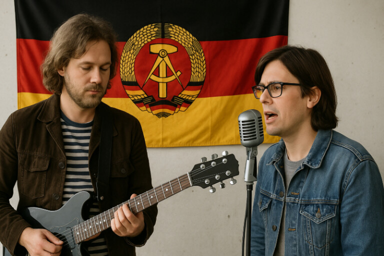 Ostrock-Band bei Probe vor DDR-Flagge mit Gitarre und Retro-Mikrofon