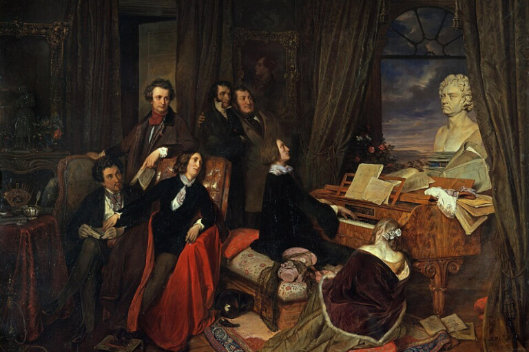Romantik: Josef Danhausers Gemälde „Liszt am Klavier“ aus dem Jahr 1840, das Franz Liszt am Klavier zeigt, umgeben von (von links nach rechts) Alexandre Dumas, Hector Berlioz, George Sand, Niccolò Paganini, Gioachino Rossini und Marie d'Agoult, mit einer Büste von Ludwig van Beethoven auf dem Klavier