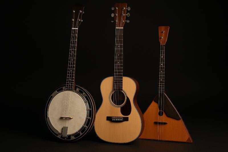 Saiteninstrumente: Banjo, Akustikgitarre und Balalaika nebeneinander vor dunklem Hintergrund