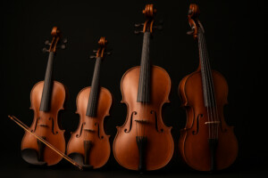 Übersicht klassischer Streichinstrumente mit Violine, Viola, Cello und Kontrabass