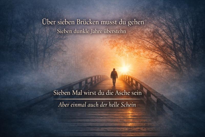 Nebelige Brücke mit einsamer Person im Sonnenlicht und Text „Über sieben Brücken musst du gehen“ als Symbol für Lebensweg, Hoffnung und Überwindung schwerer Zeiten