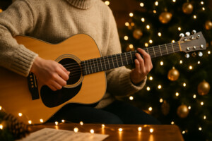 Gitarrenspieler vor einem Weihnachtsbaum