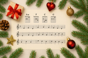 Weihnachtsnoten mit Weihnachtsschmuck im Hintergrund