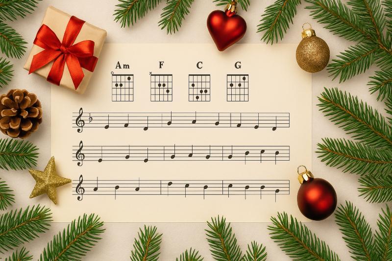 Weihnachtsnoten mit Weihnachtsschmuck im Hintergrund