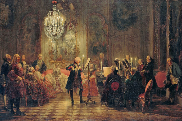 Flötenkonzert der Wiener Klassik: Mitte: Friedrich der Große; ganz rechts: Johann Joachim Quantz, des Königs Flötenlehrer; links von ihm mit Violine im dunklen Rock: Franz Benda; ganz links im Vordergrund: Gustav Adolf von Gotter; hinter ihm: Jakob Friedrich Freiherr von Bielfeld; hinter ihm, an die Decke schauend: Pierre-Louis Moreau de Maupertuis; in Hintergrund auf dem rosa Sofa sitzend: Wilhelmine von Bayreuth; zu ihrer rechten: Amalie von Preußen mit einer Hofdame; hinter ihnen: Carl Heinrich Graun; alte Dame hinter dem Notenständer: Gräfin Camas; hinter ihr: Egmont von Chasôt; am Cembalo: Carl Philipp Emanuel Bach.