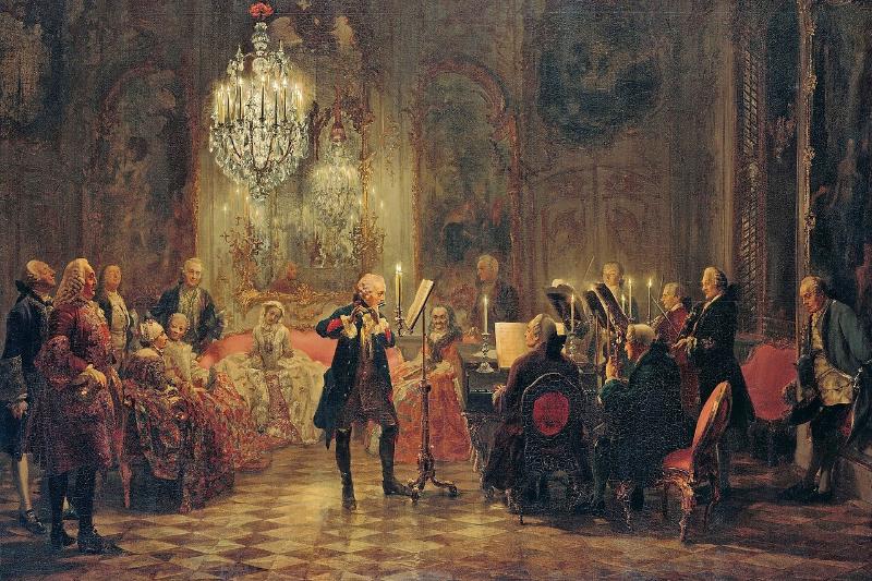 Flötenkonzert der Wiener Klassik: Mitte: Friedrich der Große; ganz rechts: Johann Joachim Quantz, des Königs Flötenlehrer; links von ihm mit Violine im dunklen Rock: Franz Benda; ganz links im Vordergrund: Gustav Adolf von Gotter; hinter ihm: Jakob Friedrich Freiherr von Bielfeld; hinter ihm, an die Decke schauend: Pierre-Louis Moreau de Maupertuis; in Hintergrund auf dem rosa Sofa sitzend: Wilhelmine von Bayreuth; zu ihrer rechten: Amalie von Preußen mit einer Hofdame; hinter ihnen: Carl Heinrich Graun; alte Dame hinter dem Notenständer: Gräfin Camas; hinter ihr: Egmont von Chasôt; am Cembalo: Carl Philipp Emanuel Bach.
