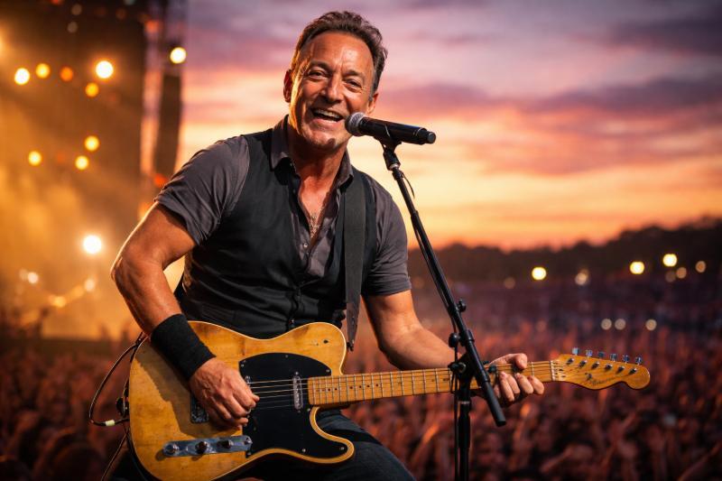 Bruce Springsteen bei einem Live-Konzert, realistische Bühnenaufnahme mit Gitarre, warme Abendstimmung und jubelnde Fans im Hintergrund
