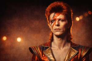 David Bowie als Ziggy Stardust in dramatischem Licht (KI-generiert)