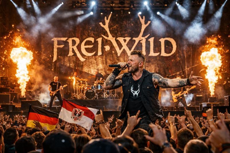 Freiwild auf großer Open-Air-Bühne bei Nacht, Sänger im Vordergrund mit Mikrofon, Flammen und Lichtshow hinter der Band, jubelndes Publikum im Vordergrund