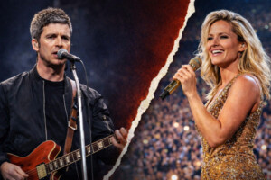 Geteiltes Artikelbild zu „Gallagher vs. Helene Fischer“: links ein britischer Rockmusiker mit E-Gitarre auf der Bühne, rechts eine deutsche Pop- und Schlager­sängerin bei einem großen Arena-Konzert.