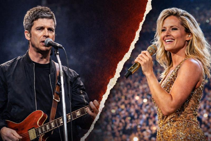 Geteiltes Artikelbild zu „Gallagher vs. Helene Fischer“: links ein britischer Rockmusiker mit E-Gitarre auf der Bühne, rechts eine deutsche Pop- und Schlager­sängerin bei einem großen Arena-Konzert.