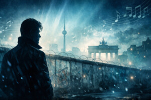 Stilisierte Silhouette eines Musikers vor der Berliner Mauer mit Blick auf den Berliner Fernsehturm und das Brandenburger Tor – atmosphärisches Artikelbild zur Analyse von „Heroes“ von David Bowie.
